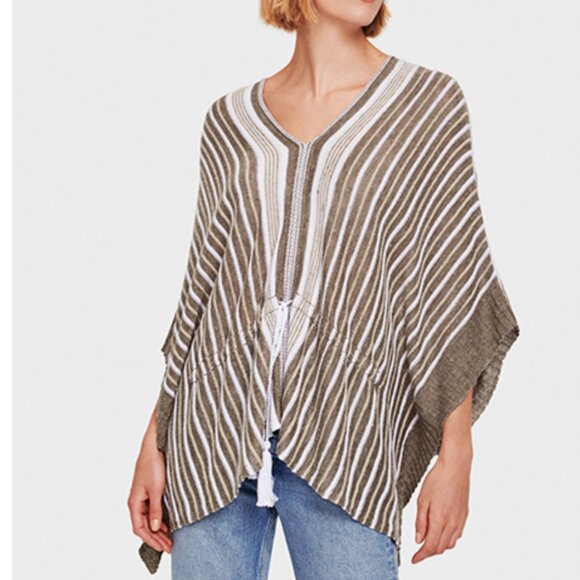 NEW! White + Warren Linen V Striped Tassel Tie Caftan XS/S, Coffee/White - Picture 1 of 8